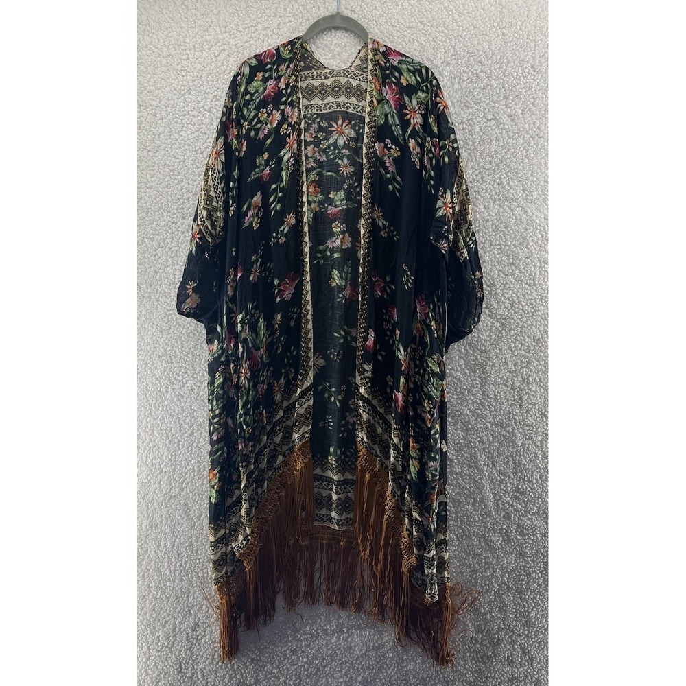 Floral Kimono Robe Macchia Di Ruggine Floral Print One Size Gold Fringe Bohemian